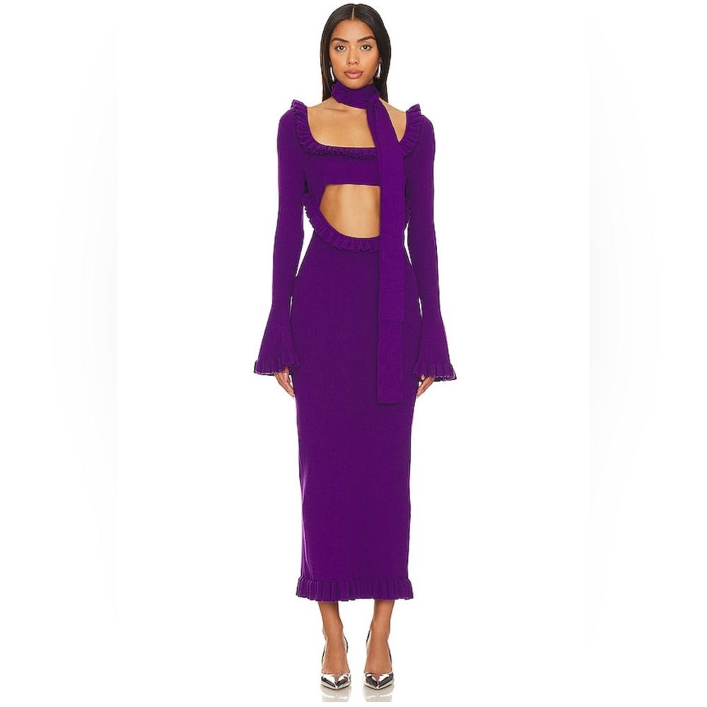 For Love & Lemons Purple Ruffle knit dress with rosette neck tie Medium